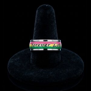 Silver Tone Rainbow Enamel Forever Love Promise Band Ring Unisex Size 9